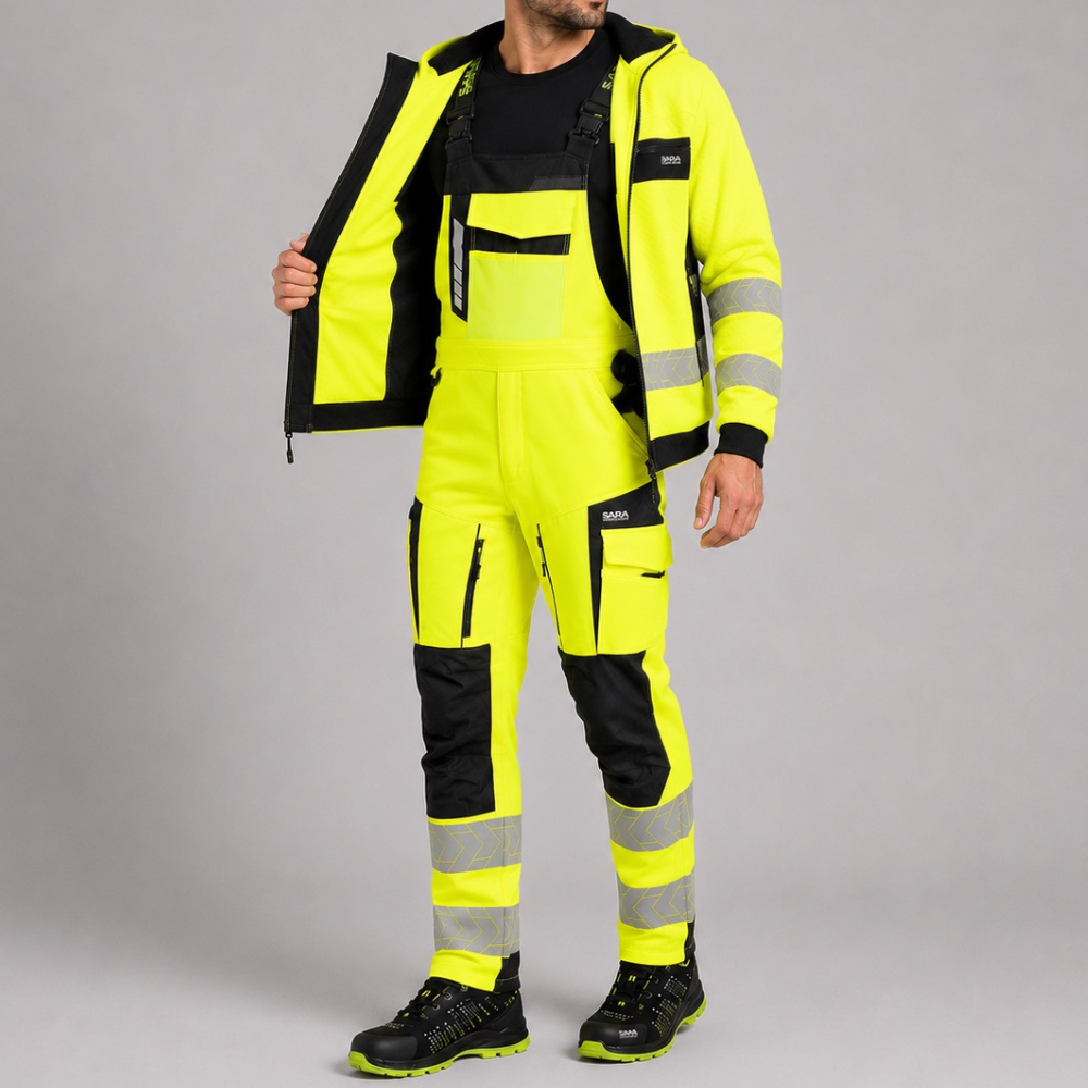 Reflektierende Arbeitskleidung Drogowiec Comfort — Set Kapuzenpullover + Latzhose EN ISO 20471 Klasse 2