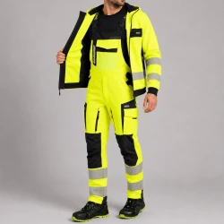 Reflektierende Arbeitskleidung EN ISO 20471 Klasse 2 — Set Kapuzenpullover + Latzhose Drogowiec Comfort